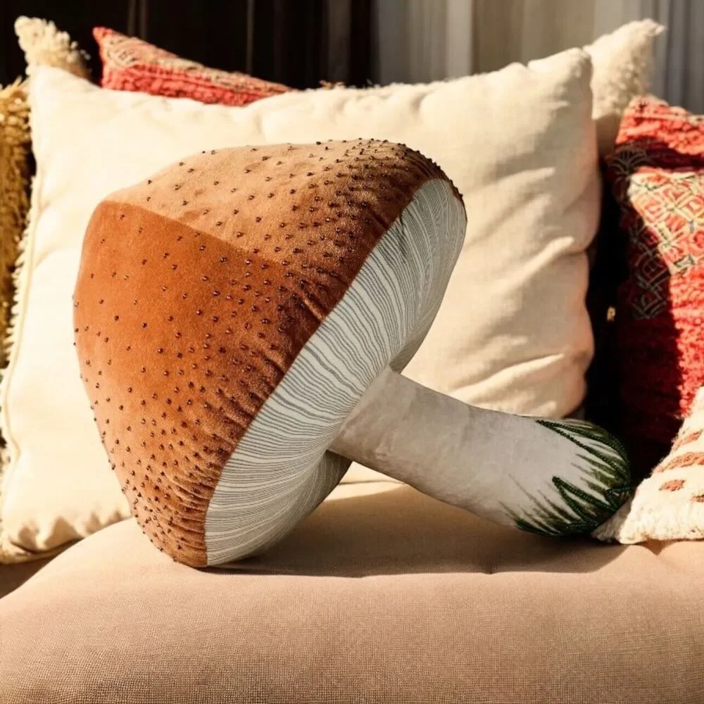 John Derian Target Thanksgiving Beaded Mushroom Plush Pillow Brown 17x14 NEW